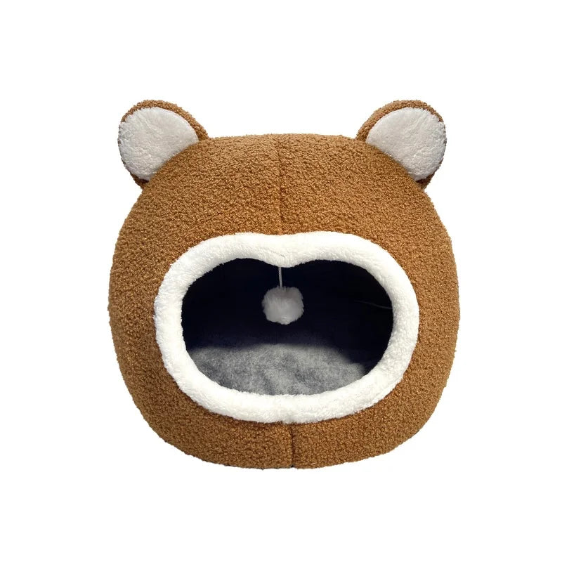 Brown Plush Cat Bed – Cozy Tent Lounger for Pets
