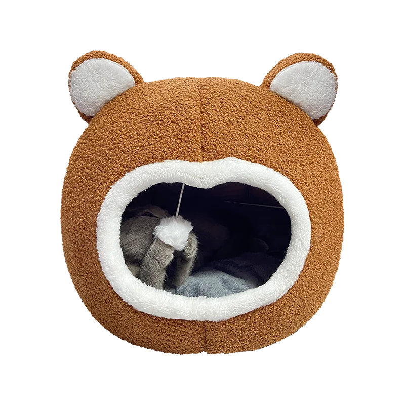 Brown Plush Cat Bed – Cozy Tent Lounger for Pets