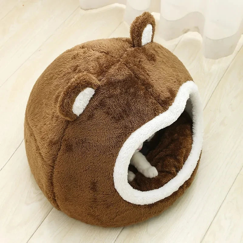 Brown Plush Cat Bed – Cozy Tent Lounger for Pets