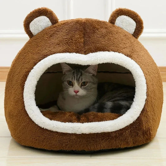 Brown Plush Cat Bed – Cozy Tent Lounger for Pets