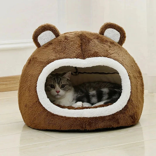 Brown Plush Cat Bed – Cozy Tent Lounger for Pets